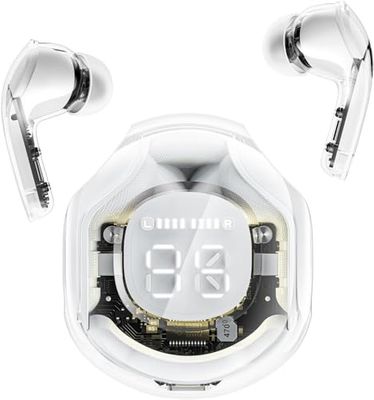 Clear Beat Cuffie Auricolari Wireless Bluetooth 5.3, Design Trasparente, Suono Cristallino, Impermeabili IPX4, Custodia con Ricarica Smartphone, Microfono Integrato, Autonomia 2-3 Ore, USB-C (Bianco)