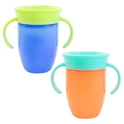 Nuby Botella de agua con asa, sin derrames, 210 ml, bebida desde cualquier ángulo, apta para lavavajillas, sin BPA, apto para 4 meses más (paquete de 2, azul/naranja)