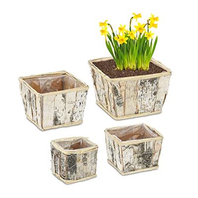 Relaxdays 4 Pots de Fleurs carrés, chacun ayant Une Taille différente et Un Film, intérieur/extérieur, Blanc/Nature