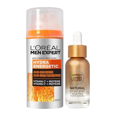 L'Oréal Men Expert Moisturiser Hydra Energetic XL x Ambre Solaire Tanning Drops for Face, Reduce Appearance of Dark Circles, Intensively Hydrate Skin, Gradual & Natural Fake Tan, Healthy Glow Duo