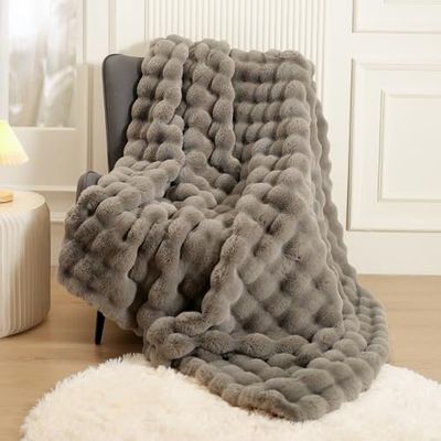Super Comfort överdimensionerad varm tjock bubbla dubbelsidig plysch kanin fuskpäls prydnadsfilt, fluffig filt, mjuk mysig filt för soffa stol säng soffa vardagsrum, grå 152 cm x 203 cm