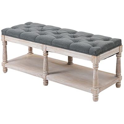 HOMCOM 2-Tier Bed End Bench, Vintage Stool, Wooden Window Seat with Storage Shelf, Button Tufted Upholstered Footstool for Living Room, Bedroom, Entryway, Grey