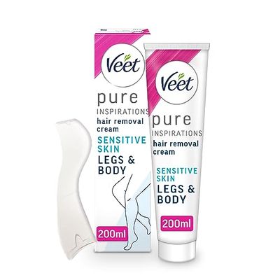 Veet Pure Sensitive Hair Removal Cream 200 ml - Leg Depilatory for Smooth, Exfoliated, and Hydrated Results with Shea Butter