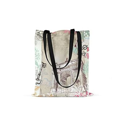 Bonamaison Printed Tote Bag, Reusable Grocery Bag, Shopping Bag, Machine Washable, Foldable, Canvas Cloth Bag with Black Handles, Size: 48x55 Cm