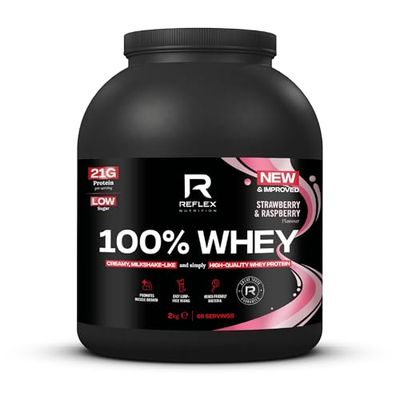 Reflex Nutrition 100% Whey Protein - 80% Pure Whey Protein - EAA Amino Acids - No Added Sugar - Whey Protein Powder for Pre Workout & Post Workout Recovery (Strawberry & Raspberry, 2kg, 66 Servings)