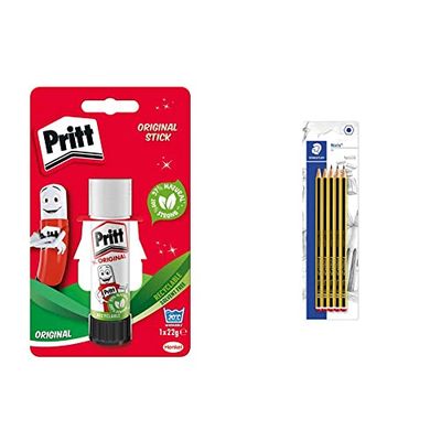 Pritt Glue Stick, Safe & Child-Friendly Craft Glue for Arts & Crafts Activities, Strong-Hold adhesive for School & Office Supplies & STAEDTLER 120-2 BK5D Noris HB Pencils (Pack of 5)