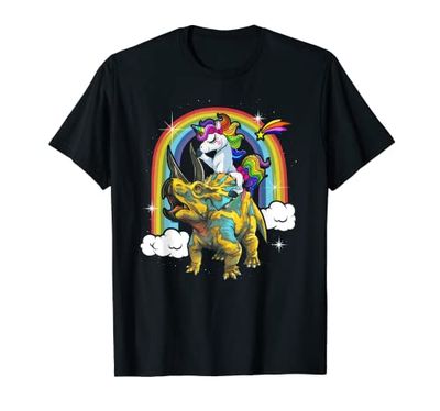 Unicorn Riding Dinosaur Triceratops Rainbow T-Shirt