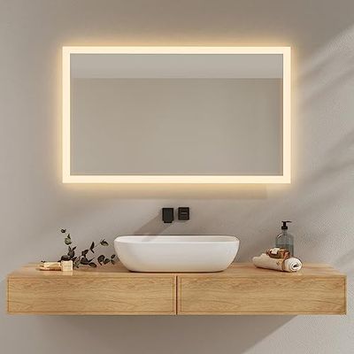 EMKE Specchio da bagno con illuminazione 100 x 60 cm, 3000 K/6500 K, specchio fendinebbia con interruttore a bilanciere, IP44, specchio da parete economico