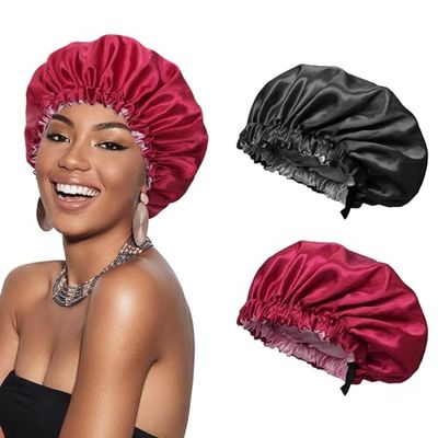 Euqvunn 2 Piezas Gorro De Seda para Dormir, Ajustable con Banda Elástica Ancha Gorro Saten Pelo Rizado, Doble Cara En Dos Colores, Adecuado para Cabello Largo/Liso/Rizado Protección (Negro Rojo)