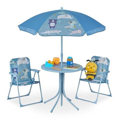 Relaxdays, Salon de Jardin pour l'enfant, Table, chaises, Parasol, Design Animalier, pour la Plage ou Le Camping, Bleu