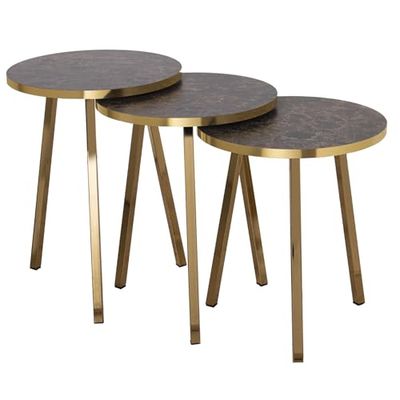 SET 3 MESAS AUX. MADERA PATASMETAL ORO, EFECTO MÁRMOL MARRÓ_°38X51+°38X48+°38X45CM