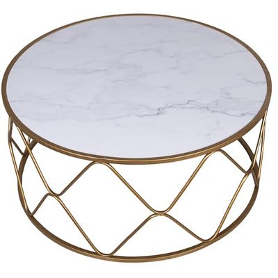 DRW Table Basse en métal et Panneau MDF et Acrylique Effet marbre doré 95 x 95 x 45 cm, Bois DM, Or, 95x95x45cm