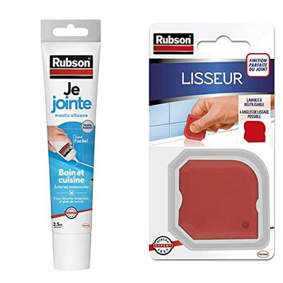 Rubson Je Jointe Mastic Transparent 50 ml, mastic étanche anti-moisissure en tube prêt à l'emploi, mastic silicone pour joints sanitaires spécial Bain & Cuisine & Lisseur Accessoire Mastic, Rouge