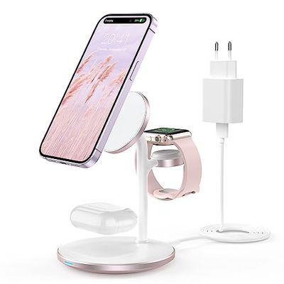 3-in-1 inductief laadstation voor meerdere apparaten, 15 W draadloos laadstation, draadloze oplader, compatibel met Mag Safe-oplader voor iPhone 15, 14, 13, 12 Pro Max Plus Pro, iWatch