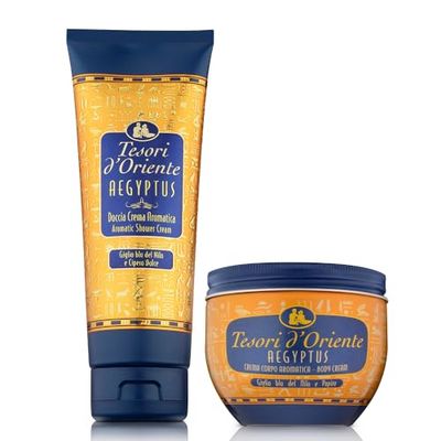 Tesori d'Oriente - Crema Corpo Profumata Aegyptus, con Olio di Mandorle, Azione Rigenerante, 300ml + Doccia Crema Aegyptus, Deterge la Pelle e Dona Nutrizione e Idratazione, 250ml