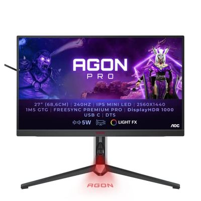 AOC AGON AG274QZM - 27 Inch QHD Mini LED Gaming Monitor, 240Hz, 1ms GTG, IPS, HDR1000, KVM, Height Adjustable, USB HUB (2560 x 1440 @ 240hz, HDR1000, HDMI 2.1, DP 1.4, USB-C 65w power delivery)