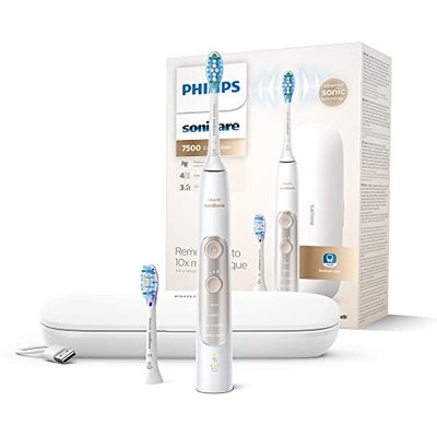 Philips Sonicare ExpertClean 7500 - Spazzolino elettrico con 1 testina Premium Gum Care G3 e 1 testina Premium Plaque Defence C3, custodia da viaggio, bianco (modello HX9691/02)