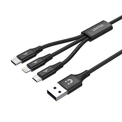 Unitek Premium Multi 3 en 1 USB Cable de carga universal múltiple Micro USB/Tipo C/Lightning 3A 1.2M para iPhone/Android Smartphone - Negro