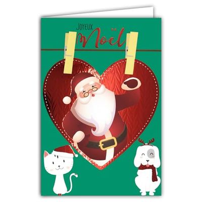 Kerstmankaart, vrolijk kerstfeest, rood, glanzend, met witte envelop, formaat 12 x 17,5 cm, hart, decoratie, kat, hond, dieren, hoed, hoed, beste wensen voor kinderen, salie, gemaakt in Frankrijk