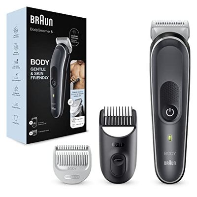 Braun Body Groomer 5, herramienta Manscape para hombres con tecnología SkinShield, peine sensible, húmedo y seco, 100% impermeable, enchufe de 2 pines del Reino Unido, BG5350, gris/blanco