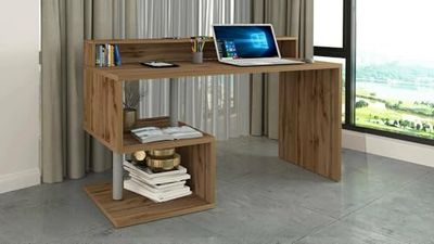 Dmora Silvestro Linear Desk with Storage Shelves, Multipurpose Office Desk with Stand, 140 x 60 x 93 cm, Oak