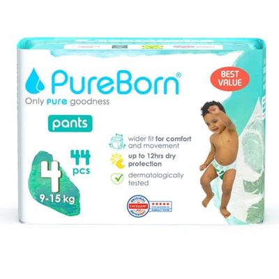 PureBorn Pieluchomajtki Baby Pants, Rozmiar 4 (9-15 kg), 44 Sztuki, Doskonała Ochrona i w Dzień i w Nocy, Wyjątkowo Miękkie, Przyjazne dla Skóry, Testowane Dermatologicznie