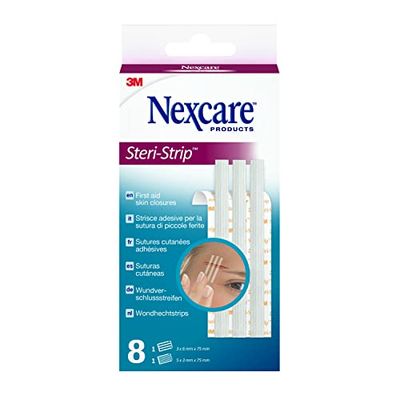 Nexcare Steri-Strip huidsluitingen, verschillende maten, 8 pleisters per verpakking, geschikt voor het vastzetten en sluiten van kleine snijwonden en wonden, voor EHBO-kits