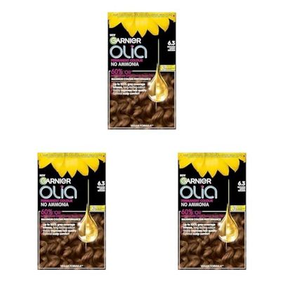 Garnier Olia Permanent Hair Dye, Up to 100% Grey Hair Coverage, No Ammonia, 60% Oils, 6.3 Golden Light Brown (Pack of 3)