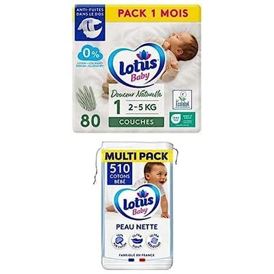Lot Lotus Baby Douceur Naturelle - Couches Taille 1 (2-5 kg/Nouveau-né) Pack 1 mois - 80 couches + Lotus Baby Peau Nette - Cotons bébé - 510 Cotons