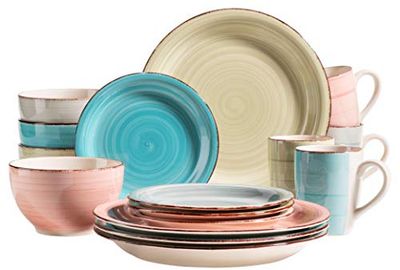 MÄSER 931604 Bel Tempo II - Vajilla para 4 personas (16 piezas, cerámica pintada a mano, gres, verde/rosa/turquesa/azul ahumado)