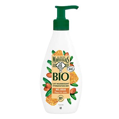 Le Petit Marseillais - Lait Nourrissant Hydratation 48h BIO Miel Argan (flacon-pompe de 250 ml) – Lait corps pour peaux très sèches – Lait hydratant avec 99% d'ingrédients d'origine naturelle
