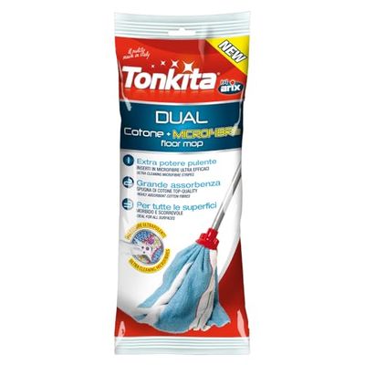 TONKITA | Mop Dual Ricambio, Mop Lavapavimenti in Cotone e Microfibra, Extra Potere Pulente e Super Assorbente, Adatto a Tutte le Superfici, Manico Non Incluso - Made In italy