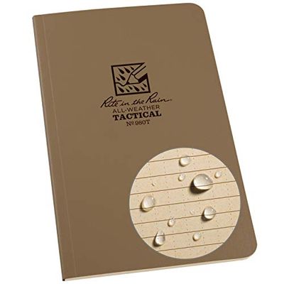 Rite in the Rain Waterproof Paper Side Bound Tactical Memo Book Tan Field Flex Cover 160 pages 80 Sheets Perfect Bound Imp & Metric Rules Map Scales Conv Charts 16 Pages Ref Material 4 ⅝ x 7¼ Inch