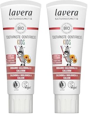 lavera Toothpaste Kids Fluoride-Free - Without colourants - Protects Milk Teeth - Mildly Fruity - Organic Calendula & Calcium - Vegan - 75 ml (Pack of 2)