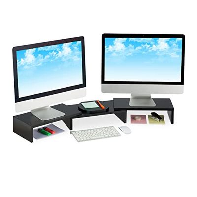 Relaxdays Support pour Moniteur, pour 2 écrans, réglable, Travail Ergonomique, rehausseur d'écran, Bureau, Caisse, Noir