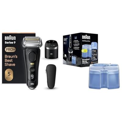 Braun Series 9 PRO +, Rasoio Elettrico Barba, Regolabarba Uomo, Rifinitore di Precisione, Impermeabile, Nero & Braun ShaverCare 3In1 Ricarica Per Stazione SmartCare, Pulisce Rasoio Elettrico, x 2