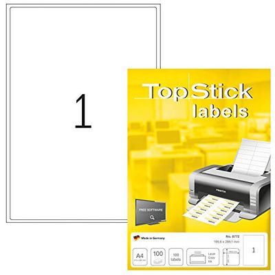 TopStick 8772 - Etiquetas autoadhesivas de envío A4 (199,6 x 289,1 mm, papel) 100 hojas, 1 etiquetas por hoja, 100 etiquetas, para impresoras inkjet y láser