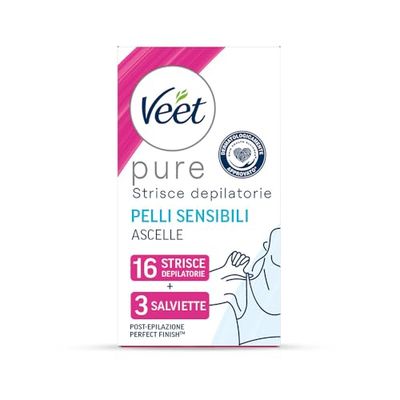 Veet Strisce Depilatorie Ascelle, Ipoallergeniche e Dermatologicamente Testate, 16 Strisce (8x2 Strisce) + Salviette Post-Epilazione Idratanti