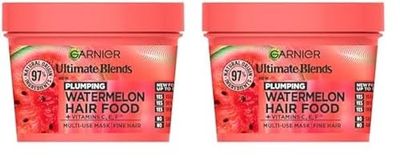 Garnier Hair Food 3-In-1 Fine Hair Treatment Mask, 4x More Plumped Hair, For Fine Hair, No Silicones, Vegan Formula, Watermelon, Ultimate Blends, 400ml (Pack of 2)