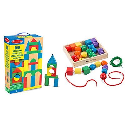 Melissa & Doug- Bloques de Madera 100 Piezas (10481) + - Cuentas primarias para Atar (10544)