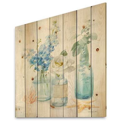 DesignQ Cottage Florals Ii Bauernhaus-Holz-Wanddekoration, blaues Holz-Wandkunst, große florale Holz-Wandpaneele gedruckt auf natürlichem Kiefernholz
