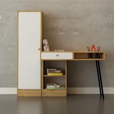 Homemania Tuna FLY171022 met geïntegreerde kast, plank, pennenhouder voor kantoor, studio, slaapkamer, eiken, wit, zwart, hout, metaal, 100 x 60 x 140 cm