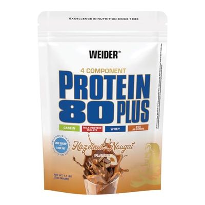 WEIDER Protein 80 Plus protéine en poudre, Noisette-Nougat, faible teneur en glucides, mélange de lactosérum de caséine multi-composants pour shakes protéinés, 500 g