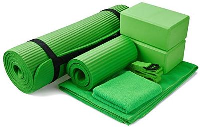 BalanceFrom GoYoga - Juego de 7 piezas, incluye esterilla de yoga con correa de transporte, 2 bloques de yoga, toalla de yoga y rodilleras de yoga (verde, 1/2 pulgada de espesor)