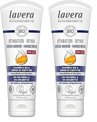 lavera Réparation Crème Mains - Calendula bio et beurre de karité bio - Soin d'urgence pour les mains sollicitées - Protection longue durée - Cosmétique naturelle - vegan - bio (1 x 75 ml) (Lot de 2)