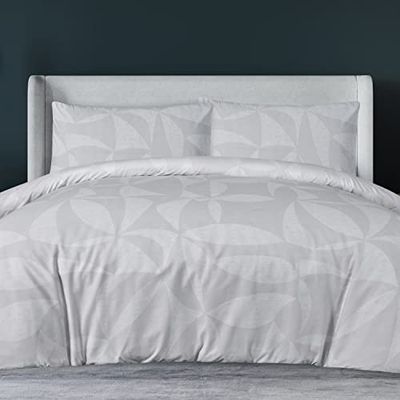 Sleepdown Cutout Textured Geo Reversible Duvet Cover Quilt Bedding Set with Pillowcases Soft Easy Care Bed Linen - Natural - Double (200cm x 200cm)