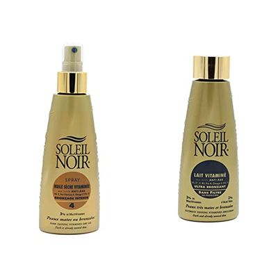 Soleil Noir Spray Huile Sèche Vitaminée 4 Bronzage Intense, Or, 150 ml & Lait Vitaminé sans Filtre Ultra Bronzant, Or, 150 ml