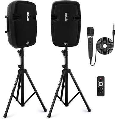 Pyle Kit Enceintes avec 2 Pieds, Haut Parleurs Actives et Passives de, Haut Parleur Bluetooth Puissante, Support Enceintes, Microphone Filaire, Lecteurs MP3/USB/SD/AUX, Télécommande