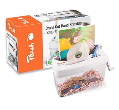 Peach Particle Cut Shredder – 1 Sheet – 4 L – P-4 – Paper CDs and Credit Cards – Manual Cross Cut – Power Independent – DSGVO 2018 – PS300-21A