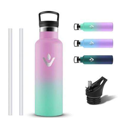 Grsta Botella Agua Acero Inoxidable, Prueba de Fugas Botella Termica 500ml sin BPA con 2 Tapones, Reutilizable Cantimplora Termica con Pajita y Filtro para Niños, Colegio, Cámping, Senderismo